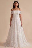 Vestido de novia largo blanco con lentejuelas bordadas, corte en A y escote de hombros descubiertos