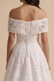 Vestido de novia largo blanco con lentejuelas bordadas, corte en A y escote de hombros descubiertos