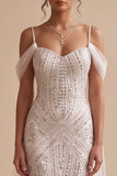 Vestido de novia largo blanco de corte sirena con cuentas y lentejuelas