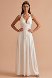 Vestido largo largo de satén de satén blanco con halter, halter,