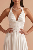 Vestido largo largo de satén de satén blanco con halter, halter,