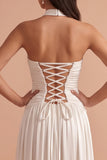 Vestido largo largo de satén de satén blanco con halter, halter,
