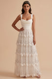 Vestido de novia largo blanco de corte en A con escote drapeado y apliques de lentejuelas