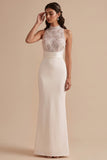 Vestido largo de novia con lentejuelas de cuello alto de sirena blanca
