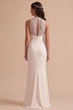 Vestido largo de novia con lentejuelas de cuello alto de sirena blanca