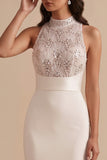 Vestido largo de novia con lentejuelas de cuello alto de sirena blanca