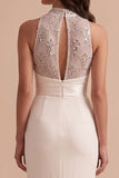 Vestido largo de novia con lentejuelas de cuello alto de sirena blanca