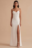 Corsé blanco de tirantes finos de satén Vestido de novia largo con abertura