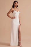 Corsé blanco de tirantes finos de satén Vestido de novia largo con abertura
