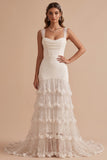 Capucha de sirena blanca con capucha de tul con volantes y lentejuelas Maxi vestido de novia con flor 3D