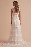 Capucha de sirena blanca con capucha de tul con volantes y lentejuelas Maxi vestido de novia con flor 3D