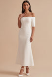 Vestido de novia midi blanco de satén corte sirena con hombros descubiertos