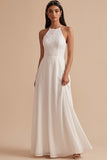 Vestido largo de novia largo de encaje de gasa con corte en línea A
