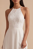 Vestido largo de novia largo de encaje de gasa con corte en línea A