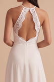 Vestido largo de novia largo de encaje de gasa con corte en línea A