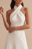 Vestido de novia midi blanco de satén corte en A con escote halter
