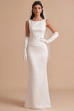 Vestido largo largo de novia de satén con cuello bateau de sirena blanca