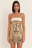 Vestido corto de cóctel dorado con lentejuelas y escote palabra de honor