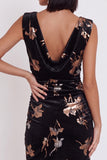 Vestido corto corto de cóctel corto con escote fruncido de terciopelo negro de terciopelo y escote fruncido