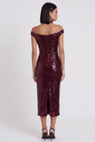 Vestido de cóctel midi de lentejuelas con funda burdeos brillante