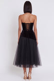 Vestido de cóctel midi de terciopelo negro sin tirantes de tul