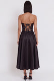 Vestido de cóctel negro sin tirantes en línea A fruncido con abertura