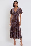 Vestido de cóctel Midi Cocktail Midi Steam de Terciopelo de Ciruela, Escote en V, Escalonado con volantes y mangas alejadas