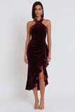 Vestido cóctel Midi de sirena de terciopelo alto y bajo con hombro alto y fruncido