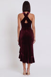 Vestido cóctel Midi de sirena de terciopelo alto y bajo con hombro alto y fruncido