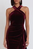 Vestido cóctel Midi de sirena de terciopelo alto y bajo con hombro alto y fruncido