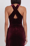 Vestido cóctel Midi de sirena de terciopelo alto y bajo con hombro alto y fruncido
