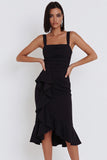 Vestido cóctel midi de sirena cuadrado con escote cuadrado y alto y bajo con volantes asimétricos