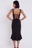 Vestido cóctel midi de sirena cuadrado con escote cuadrado y alto y bajo con volantes asimétricos