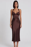 Corsé de satén marrón oscuro Bodycon Halter Vestido de cóctel Midi
