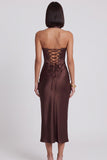 Corsé de satén marrón oscuro Bodycon Halter Vestido de cóctel Midi