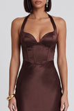 Corsé de satén marrón oscuro Bodycon Halter Vestido de cóctel Midi