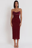 Vestido de cóctel Midi sin tirantes corsé corsé burdeos corsé bodycon capucha de satén sin tirantes