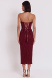 Vestido de cóctel Midi sin tirantes corsé corsé burdeos corsé bodycon capucha de satén sin tirantes