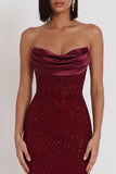 Vestido de cóctel Midi sin tirantes corsé corsé burdeos corsé bodycon capucha de satén sin tirantes
