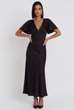 Vestido de cóctel Midi de sirena de satén negro con escote en V y mangas aleteadas