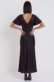 Vestido de cóctel Midi de sirena de satén negro con escote en V y mangas aleteadas