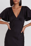 Vestido de cóctel Midi de sirena de satén negro con escote en V y mangas aleteadas
