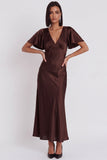 Vestido de cóctel Midi de sirena de satén negro con escote en V y mangas aleteadas