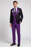 Traje de baile de graduación de 3 piezas de solapa negra con bloque de color morado de un solo botón