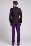 Traje de baile de graduación de 3 piezas de solapa negra con bloque de color morado de un solo botón