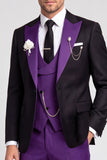 Traje de baile de graduación de 3 piezas de solapa negra con bloque de color morado de un solo botón