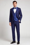 Traje de graduación de 3 piezas de hombre azul marino con solapa de un solo botón y chal, de un solo botón,