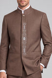 Traje de baile de fin de curso de hombre con cuello alto marrón de dos piezas, pecho simple