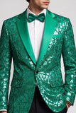 Lentejuelas, solapa con muescas de un botón, americana de hombre verde pavo real