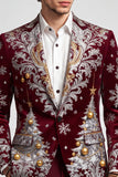 Blazer de graduación de hombre de un botón con solapa burdeos estampada en Navidad